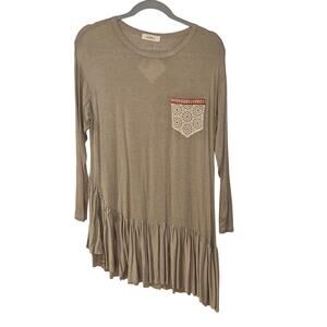 HOPELY Light Brown Lightweight Long Sleeve Pocketed Top Large
